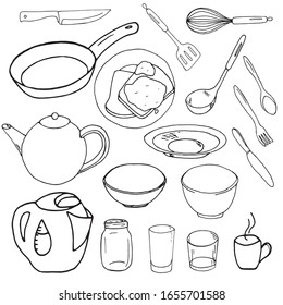 Vector. Crockery on a white background. Sketch Tableware