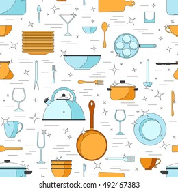 Vector crockery seamless pattern. Kitchen dish line design icons. Graphic tableware elements. Cooking equipment set illustration. Chef collection isolated. Cutlery sign background. 