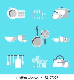 Vector crockery set. Kitchen dish flat design icons. Graphic tableware elements. Cooking equipment illustration. Chef collection isolated. Cutlery sign background