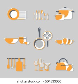 Vector crockery set. Kitchen dish flat design icons. Graphic tableware elements. Cooking equipment illustration. Chef collection isolated. Cutlery sign background