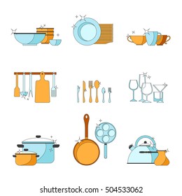 Vector crockery set. Kitchen dish line design icons. Graphic tableware elements. Cooking equipment illustration. Chef collection isolated. Cutlery sign background