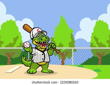 vector of Crocodile Cartoon Playing baseball on the field