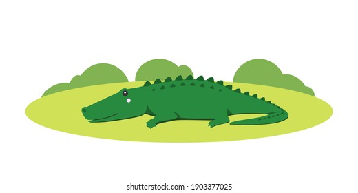 Vector crocodile in flat cartoon style with landscape. Friendly wild animal, side view. Cute children's illustration on white background. EPS10