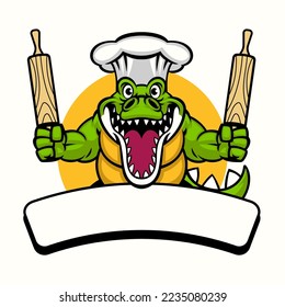 Vector of Crocodile Food Cooking Mascot logo hold the rolling pin