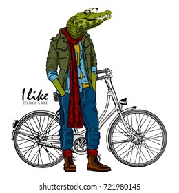 Vector crocodile in jacket, cap and jeans with bike. Hand drawn illustration of dressed crocodile .