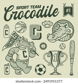 Vector of Crocodile Mascot Vintage Hand Drawn Object Set