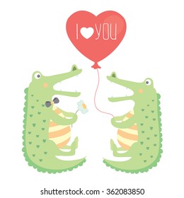 vector crocodiles couple in love with balloon. Valentine design