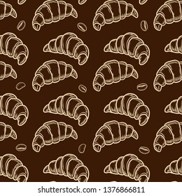 Vector  croissant and coffee bean engraving seamless pattern on brown background. Vintage hand drawn bages set. Illustration for menu, ads