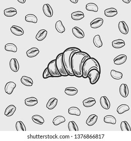 Vector  croissant and coffee bean engraving seamless pattern on white background. Vintage hand drawn bages set. Illustration for menu, ads