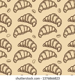 Vector  croissant and coffee bean engraving seamless pattern on beige background. Vintage hand drawn bages set. Illustration for menu, ads