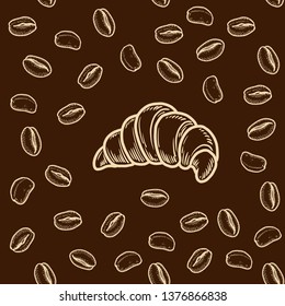 Vector  croissant and coffee bean engraving seamless pattern on brown background. Vintage hand drawn bages set. Illustration for menu, ads