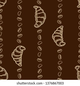 Vector  croissant and coffee bean engraving seamless pattern on brown background. Vintage hand drawn bages set. Illustration for menu, ads