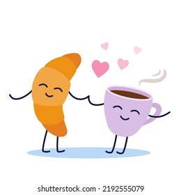 Vector croissant and coffee cup characters, funny illustration of dancing kawaii food, valentine's day greeting card, cafe poster, couple in love