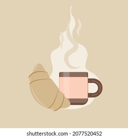 vector croissant and coffee cups. flat illustration of a front view of a croissant and a cup of coffee