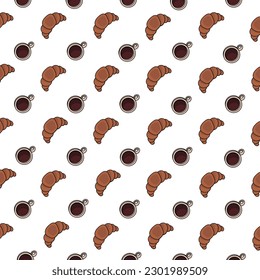 Vector croissant and coffee on white background. Simple outline coffee and croissant vector icon