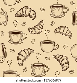Vector croissant, cup and coffee bean engraving seamless pattern on beige background. Vintage hand drawn bages set. Illustration for menu, ads