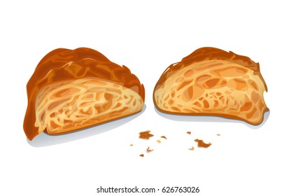 Vector croissant cutted in half. The pieces of flaky pastry with crumbs on white background.