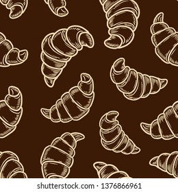 Vector  croissant engraving seamless pattern on brown background. Vintage hand drawn bages set. Illustration for menu, ads