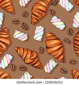 Vector croissant pattern. Marshmallow, marshmallow, coffee. Delicious sweet background for cafe. Seamless background for printing on fabric, paper, textile