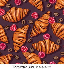 Vector croissant pattern. Raspberry, coffee. Delicious sweet background for cafe. Seamless background for printing on fabric, paper, textile