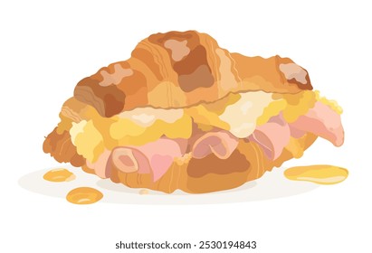 Vector croissant sandwich filled with golden scrambled eggs, melted cheese, and succulent ham. Cartoon food illustration.