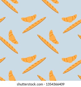 Vector croissants and baguettes bakery seamless pattern. Bakery seamless pattern. Ideal for illustration for print, web. Flour products from pastry shop. Bread set.