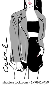 Vector crop illustration of young fashion girl in trendy look.
