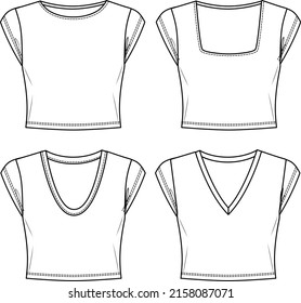 Vector crop top fashion CAD, woman round neck short sleeved t shirt technical drawing, slim fit 4 pieces set crop blouse template, sketch, flat. Jersey  fabric top with front, back view, white