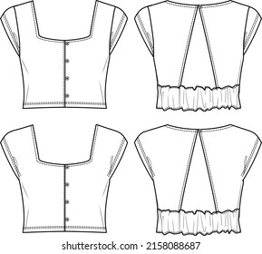 Vector de la moda superior de los cultivos CAD, mujer de la manga corta de la camiseta técnica de la camisa, ajuste delgado con plantilla de blusa de la parte trasera abierta, boceto, plano. Tejido Jersey superior con frontal, retrovisor, blanco