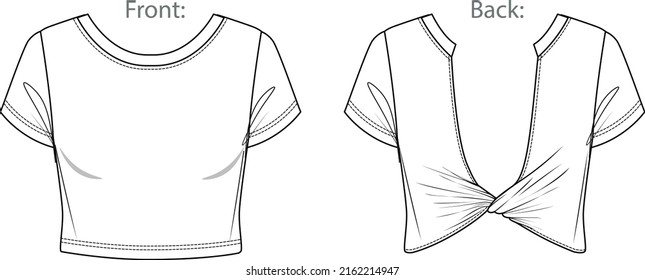 Vector crop top fashion CAD  woman round neck short sleeved t shirt technical drawing  slim fit and opened back blouse template  sketch  flat  Jersey  fabric top and front  back view  white color