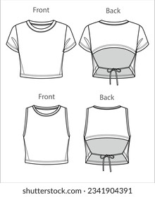 Vector crop top fashion CAD, woman round neck short sleeved t shirt technical drawing, slim fit with opened back blouse template, sketch, flat. Jersey  fabric top with front, back view, white color