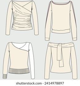 Vector crop top fashion CAD, women's short sleeve t-shirt technical shirt, slim fit with open back blouse template, sketch, flat lay. Jersey fabric top with front, rearview mirror, white