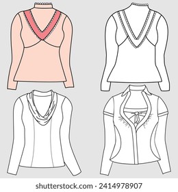 Vector crop top fashion CAD, women's short sleeve t-shirt technical shirt, slim fit with open back blouse template, sketch, flat lay. Jersey fabric top with front, rearview mirror, white