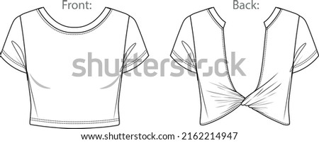 Vector crop top fashion CAD, woman round neck short sleeved t shirt technical drawing, slim fit with opened back blouse template, sketch, flat. Jersey  fabric top with front, back view, white color Stock photo © 