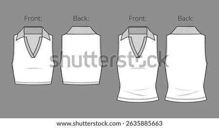 Vector crop top with polo neck technical drawing, woman halter V-neck polo collar sleeveless tee fashion CAD, sketch, template, flat. Jersey and rib fabric t-shirt with front, back view, white color