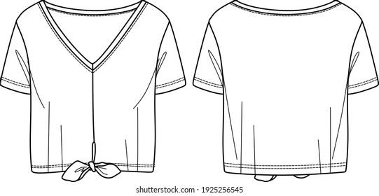 Vector cropped top fashion CAD, women v neck t shirt with knot technical drawing, template, sketch, flat