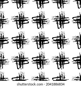 Vector Cross Brush Seamless Pattern Grange Minimalist Plus Geometric Design in Black Color. Modern Grung Collage Background for kids fabric and textile