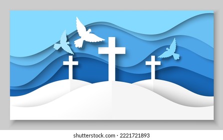 Vector cross christian symbol and flying pigeon illustration. Silhouette of dove bird in heaven over graveyard3d paper cut decorative background. Faith, hope and charity concept