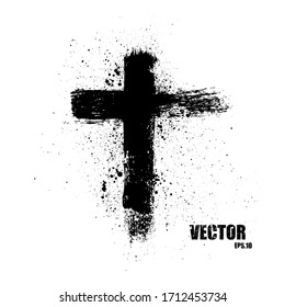 Vector cross grunge brushstroke. Black paint,spray,splatter.