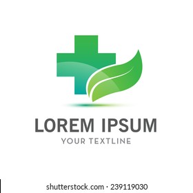 vector cross and leaf, health care green medical logo isolated