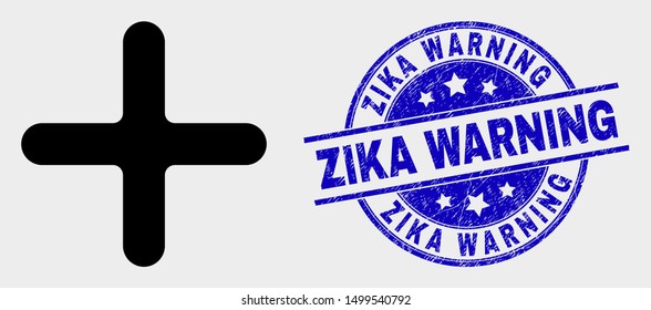 Vector cross pictogram and Zika Warning watermark. Red round textured watermark with Zika Warning text. Vector composition in flat style. Black isolated cross pictogram.