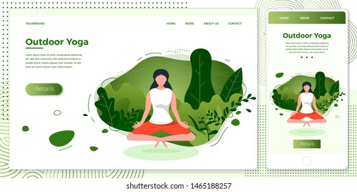 Vector cross platform illustration set, browser and mobile phone - girl in yoga lotus pose. Park, forest, trees and hills on background. Banner, site, poster template with place for your text.