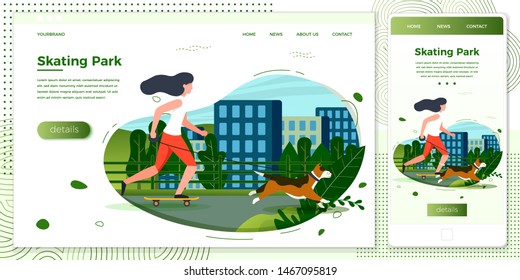 Vector cross platform illustration set, browser and mobile phone - girl with dog skating in city park. Town, trees and hills on green background. Banner, site, poster template with place for your text