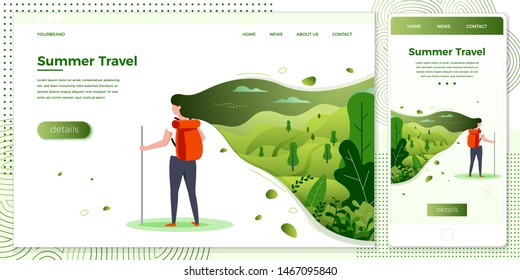 Vector cross platform illustration set, browser and mobile phone - tourist girl with backpack on summer travel, forests, trees and hills on green background. Banner, site, poster template