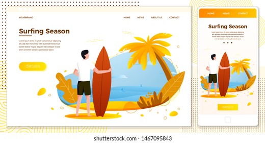 Vector cross platform illustration set, browser and mobile phone - surfing man on a beach. Palm, sand, ocean on background. Banner, site, poster template with place for your text.