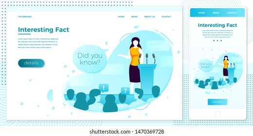 Vector cross platform illustration set, browser and mobile phone - debating girl saying interesting facts. Modern bright banner, site template with place for your text.