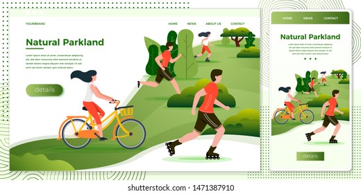 Vector cross platform illustration set, browser and mobile phone  - bicycle riding, running, rolling people in park and trees on background. Banner, site, poster template with place for your text.