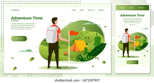 Vector cross platform illustration set, browser and mobile phone -  tourist man looking on camping place with bonfire. Forests, trees and hills on green background. Banner, site, poster template