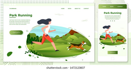 Vector cross platform illustration set, browser and mobile phone - girl with dog running in park. Forests, trees and hills on green background. Banner, site, poster template with place for your text
