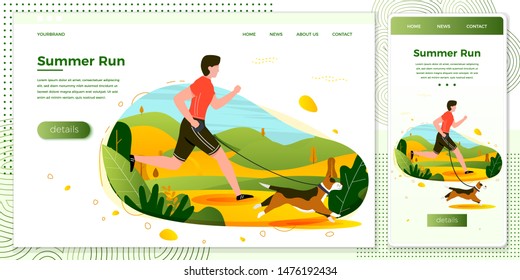 Vector cross platform illustration set - man with dog running in park. Forests, trees and hills on green background. Browser and mobile phone template with place for your text.